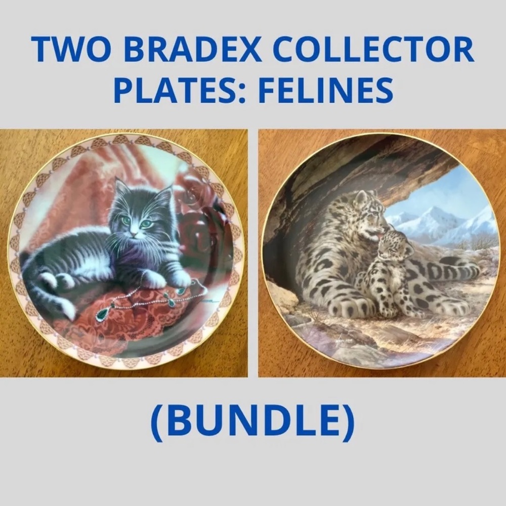 BRADEX Cat Emily In Emeralds & BRADEX The Snow Leopard Collector Plates Set EUC